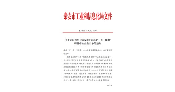 热烈祝贺我公司顺利通过泰安市“一企一技术”研发中心认定