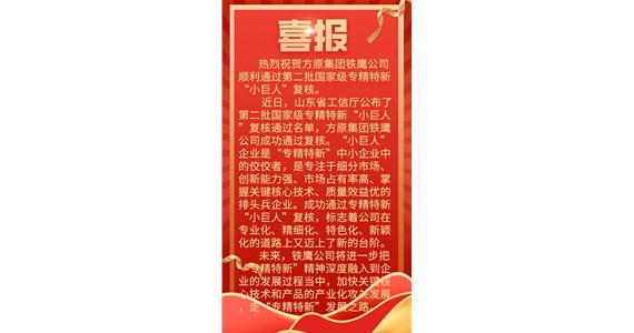 热烈祝贺F66永乐国际集团铁鹰公司 顺利通过第二批国家级专精特新 “小巨人”复核。